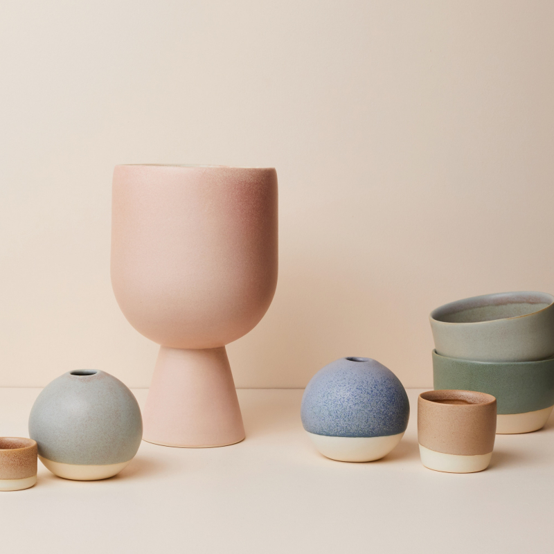 Ceramic vase and planter in a blush glaze with bowls from Monsoon Living Newcastle