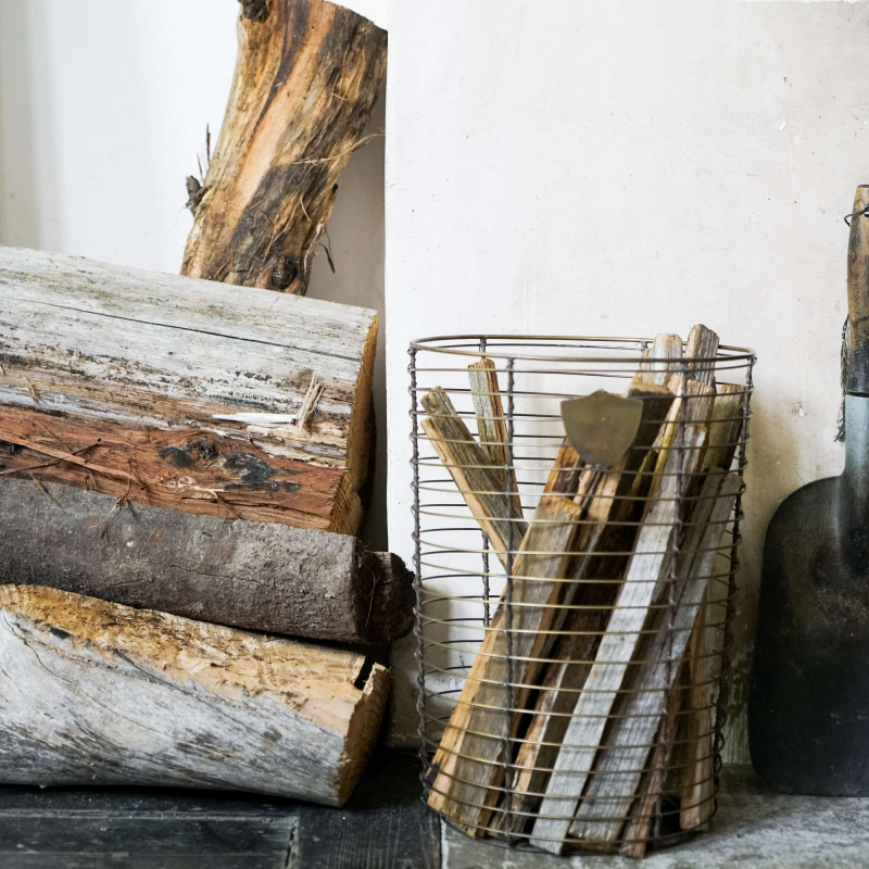 Brass wire basket with kindling from Monsoon Living Newcastle