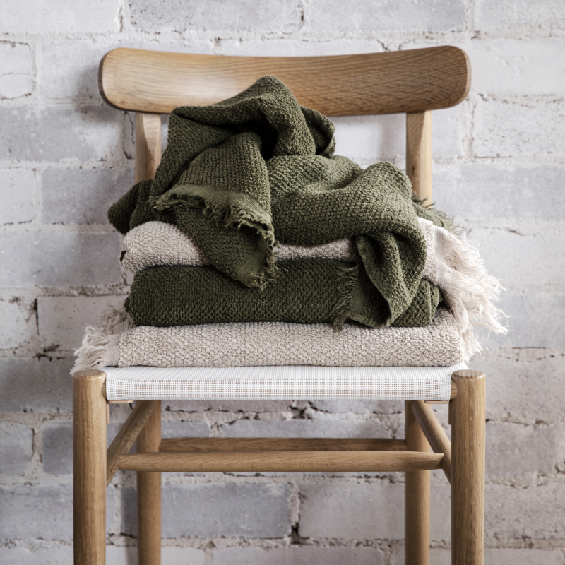 Forest green and natural linen towels from Monsoon Living Newcastle